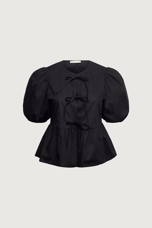 PUFF SLEEVE COTTON POPLIN BOW FRONT BLOUSE