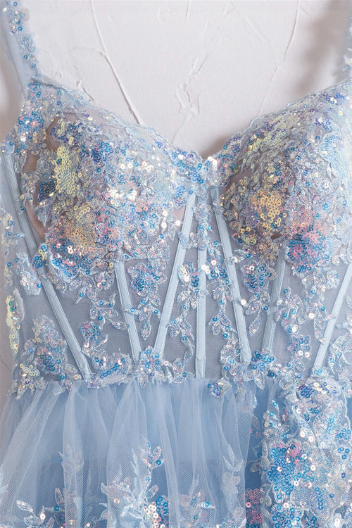 Off the Shoulder Light Blue Sequin Ruffles Long Formal Dress