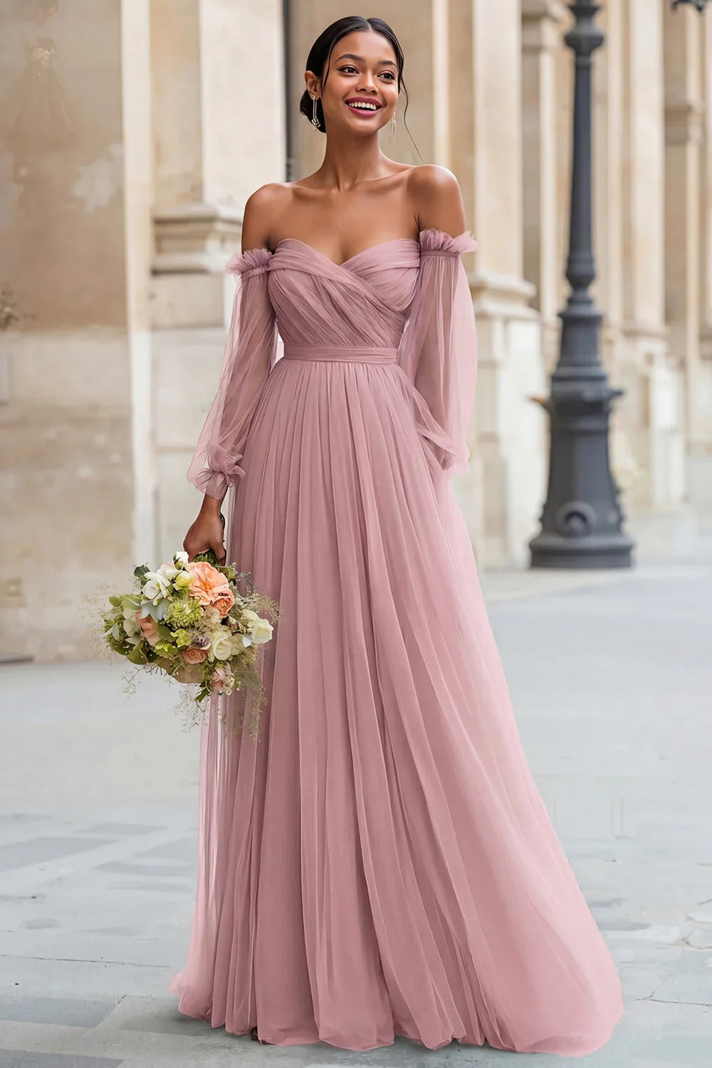 Eucalyptus Off the Shoulder Tulle A-Line Long Bridesmaid Dress with Sleeves