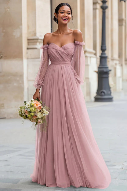Eucalyptus Off the Shoulder Tulle A-Line Long Bridesmaid Dress with Sleeves