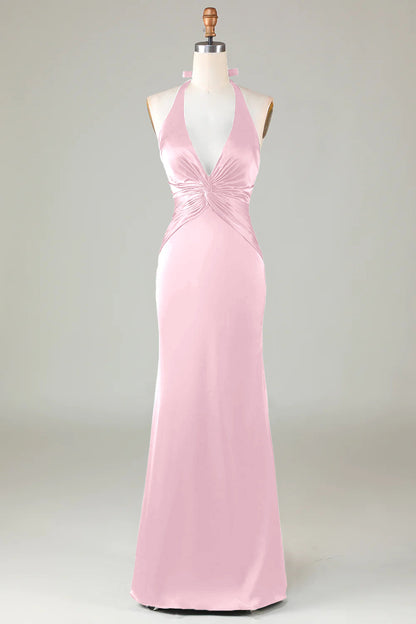 Dusty Sage Satin Sheath Halter Long Bridesmaid Dress
