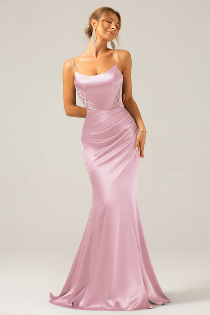 Mermaid Grey Blue Satin Spaghetti Straps Pleated Maxi Dress