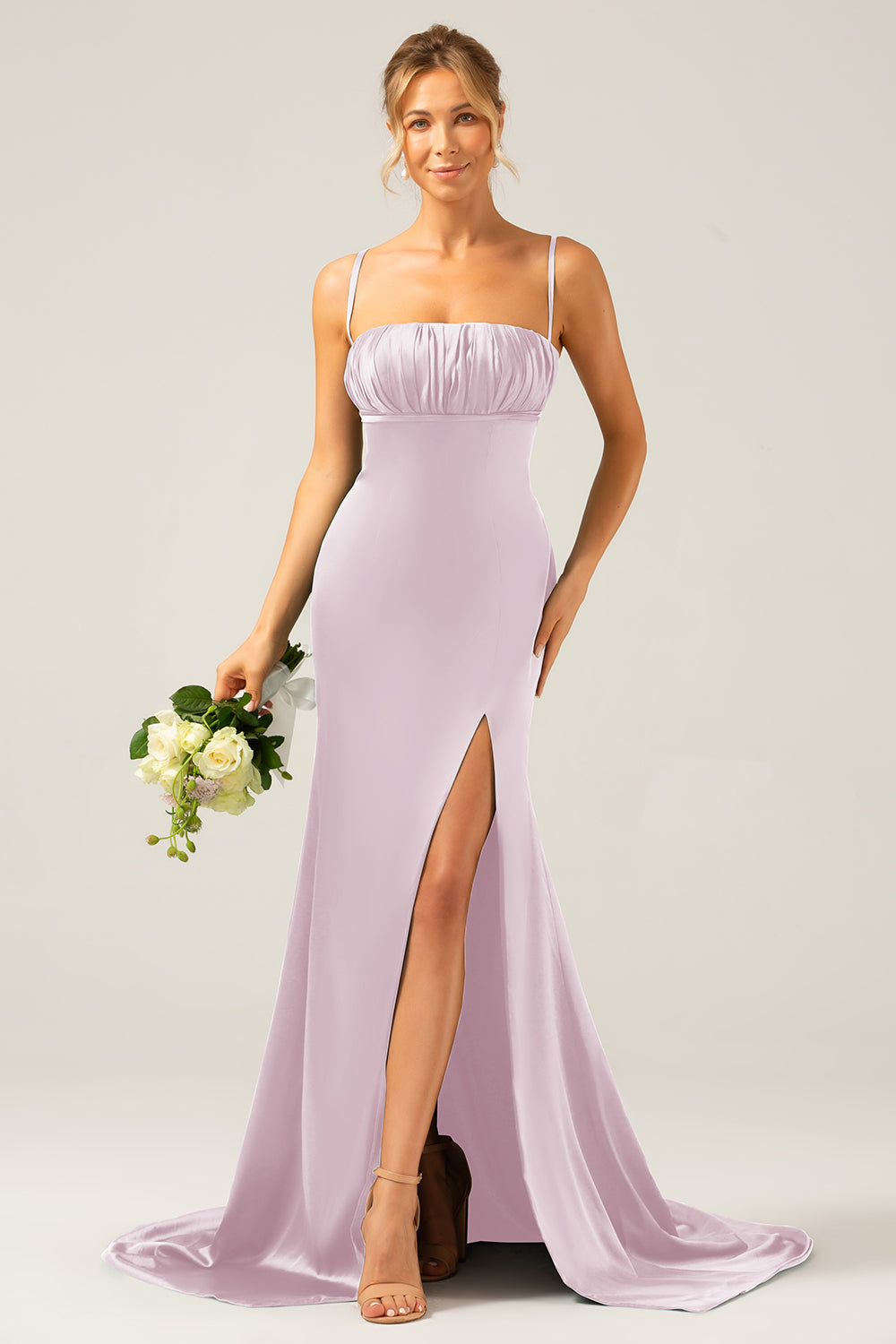 Dark Green Mermaid Spaghetti Straps Satin Long Bridesmaid Dress with Pleated