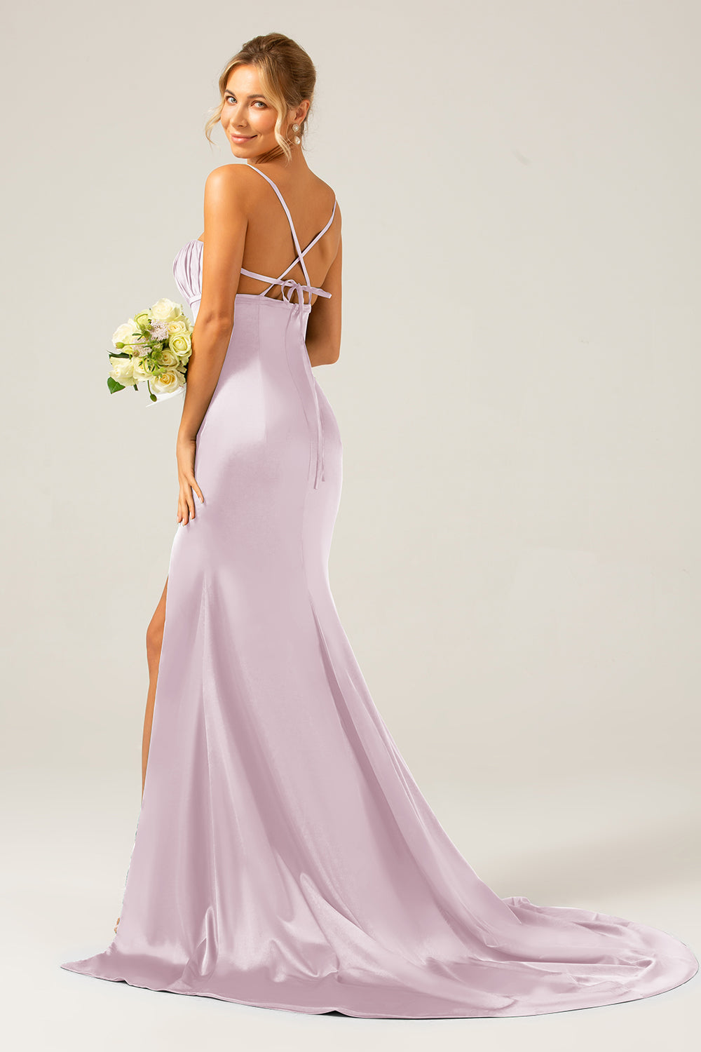 Dark Green Mermaid Spaghetti Straps Satin Long Bridesmaid Dress with Pleated