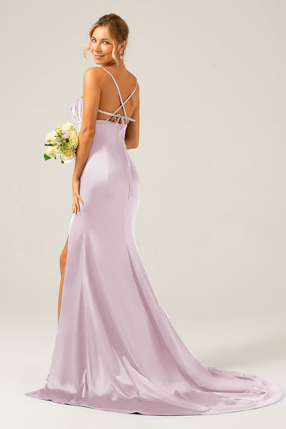 Dark Green Mermaid Spaghetti Straps Satin Long Bridesmaid Dress with Pleated