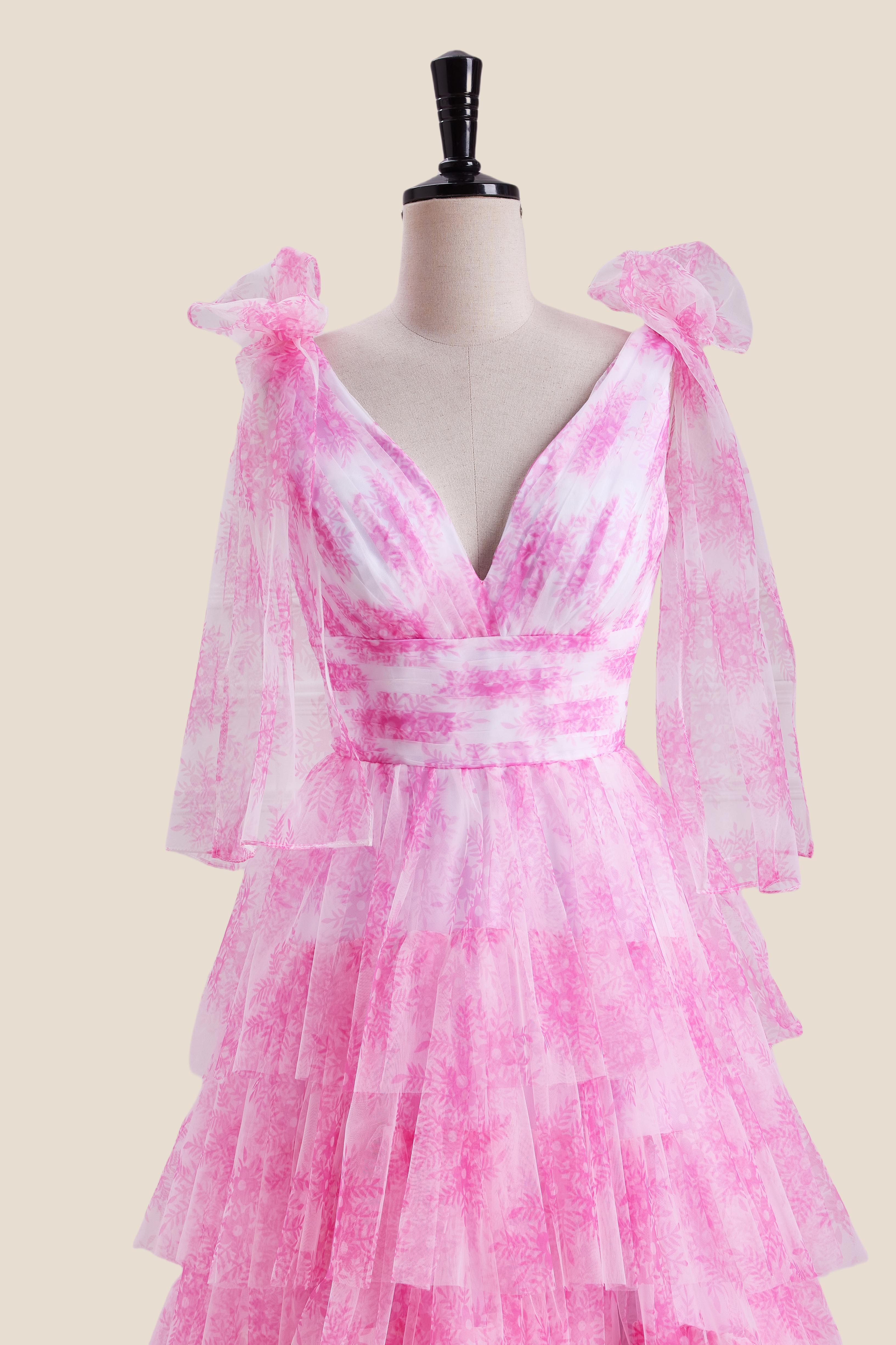 Bow Tie Pink Floral Print Tiered Long Dress