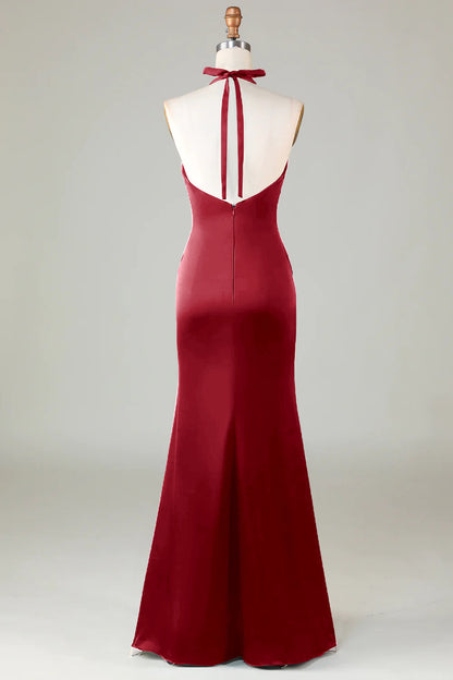 Dusty Sage Satin Sheath Halter Long Bridesmaid Dress