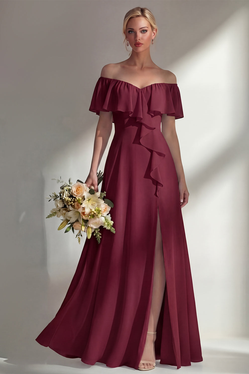 Off the Shoulder A Line Ruffled Sage Green Long Beach Bridesmaid Dress with Slit