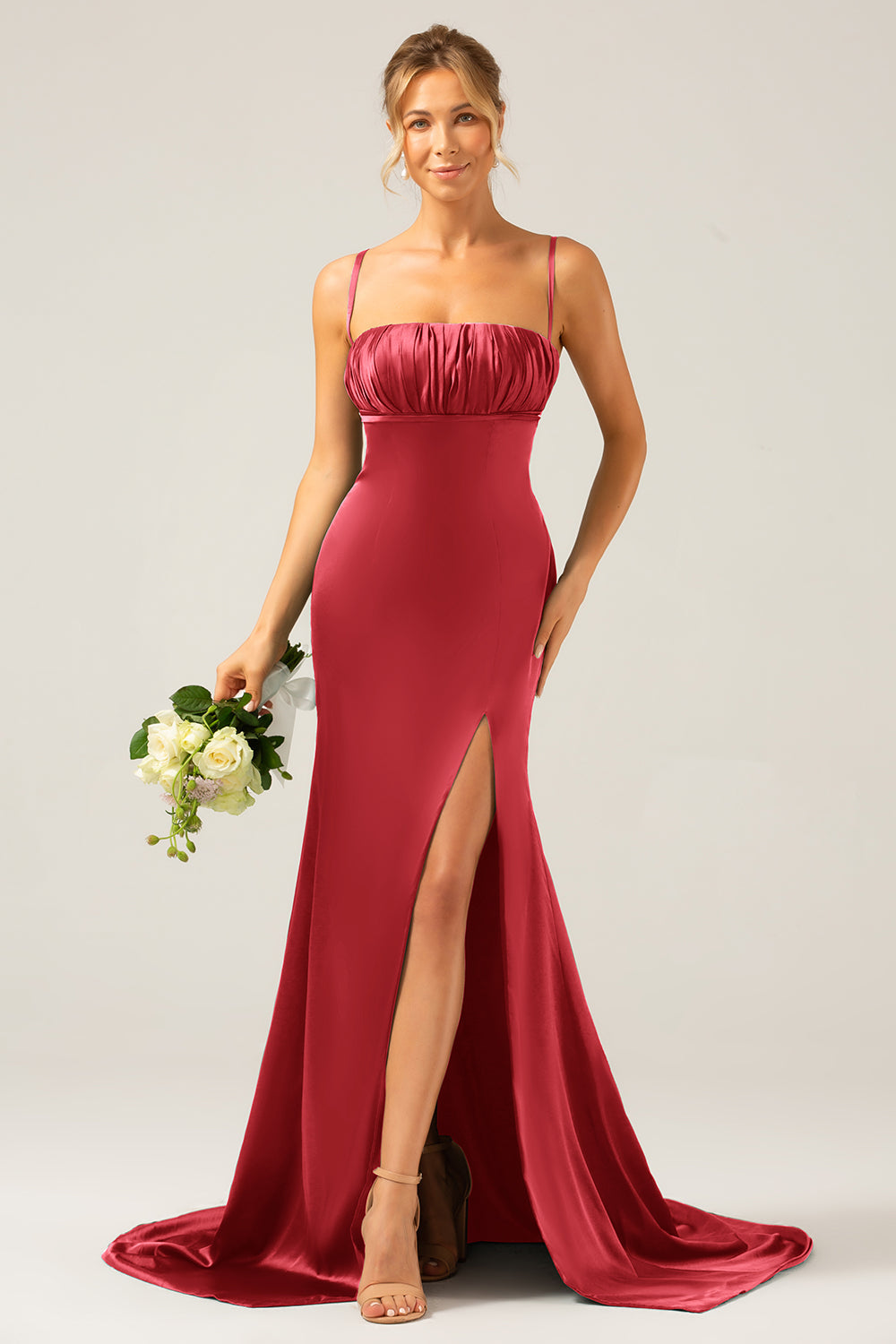 Dark Green Mermaid Spaghetti Straps Satin Long Bridesmaid Dress with Pleated