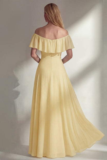 Off the Shoulder A Line Ruffled Sage Green Long Beach Bridesmaid Dress with Slit