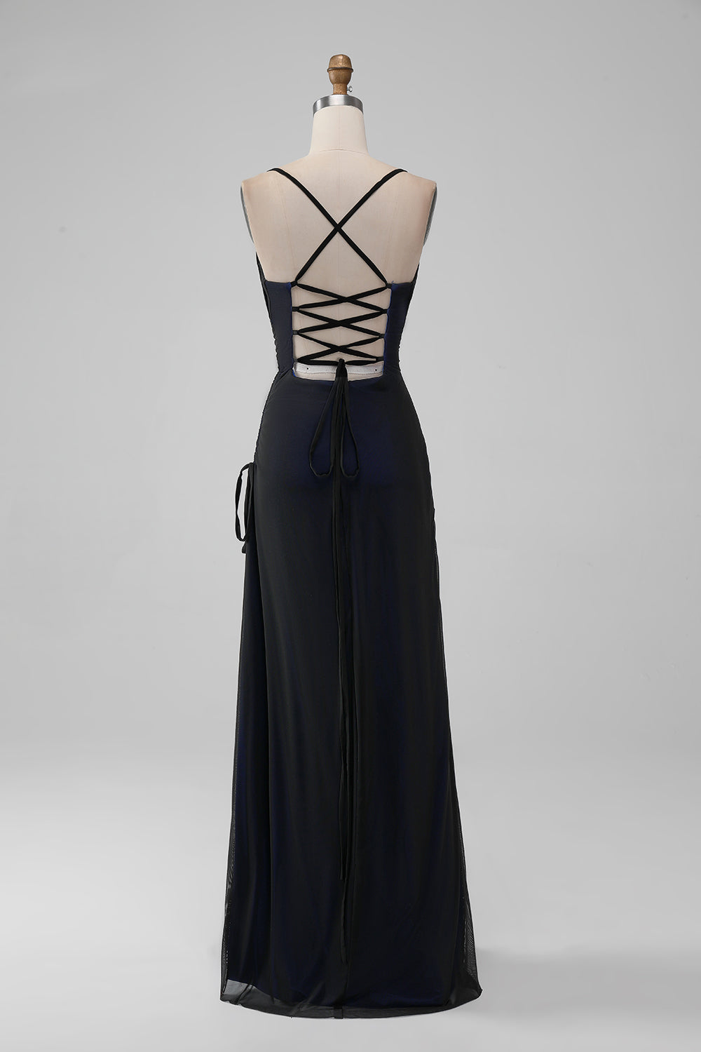 Black Red Spaghetti Straps Mermaid Pleated Long Bridesmaid Dress with Slit