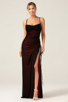 Black Blue Spaghetti Straps Mermaid Pleated Long Prom Dress with Slit