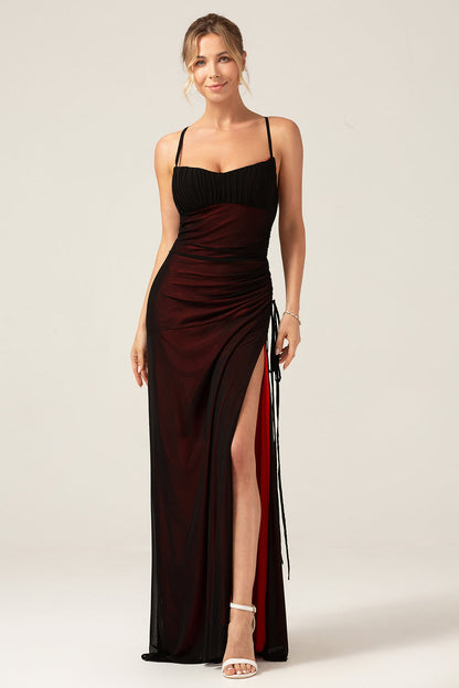 Black Red Spaghetti Straps Mermaid Pleated Long Bridesmaid Dress with Slit