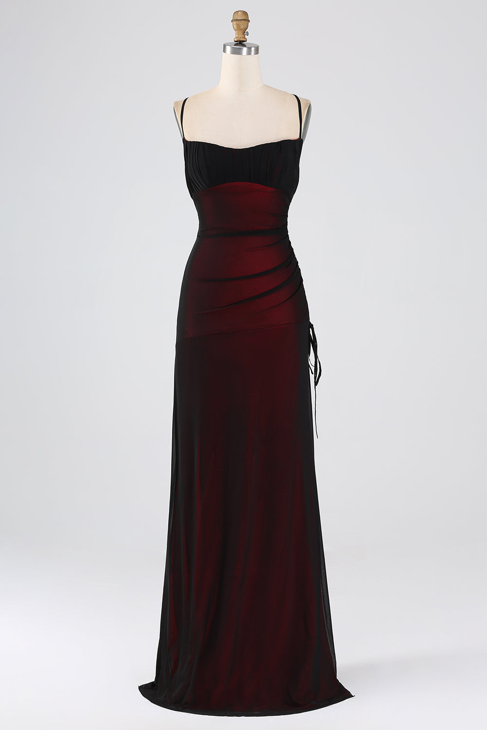 Black Red Spaghetti Straps Mermaid Pleated Long Bridesmaid Dress with Slit