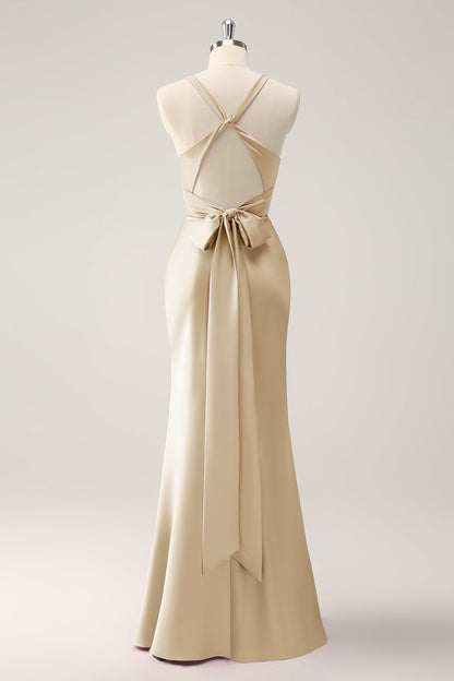 Pink V-Neck Mermaid Satin Long Bridesmaid Dress