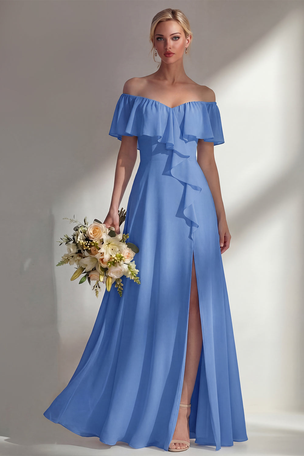 Off the Shoulder A Line Ruffled Sage Green Long Beach Bridesmaid Dress with Slit
