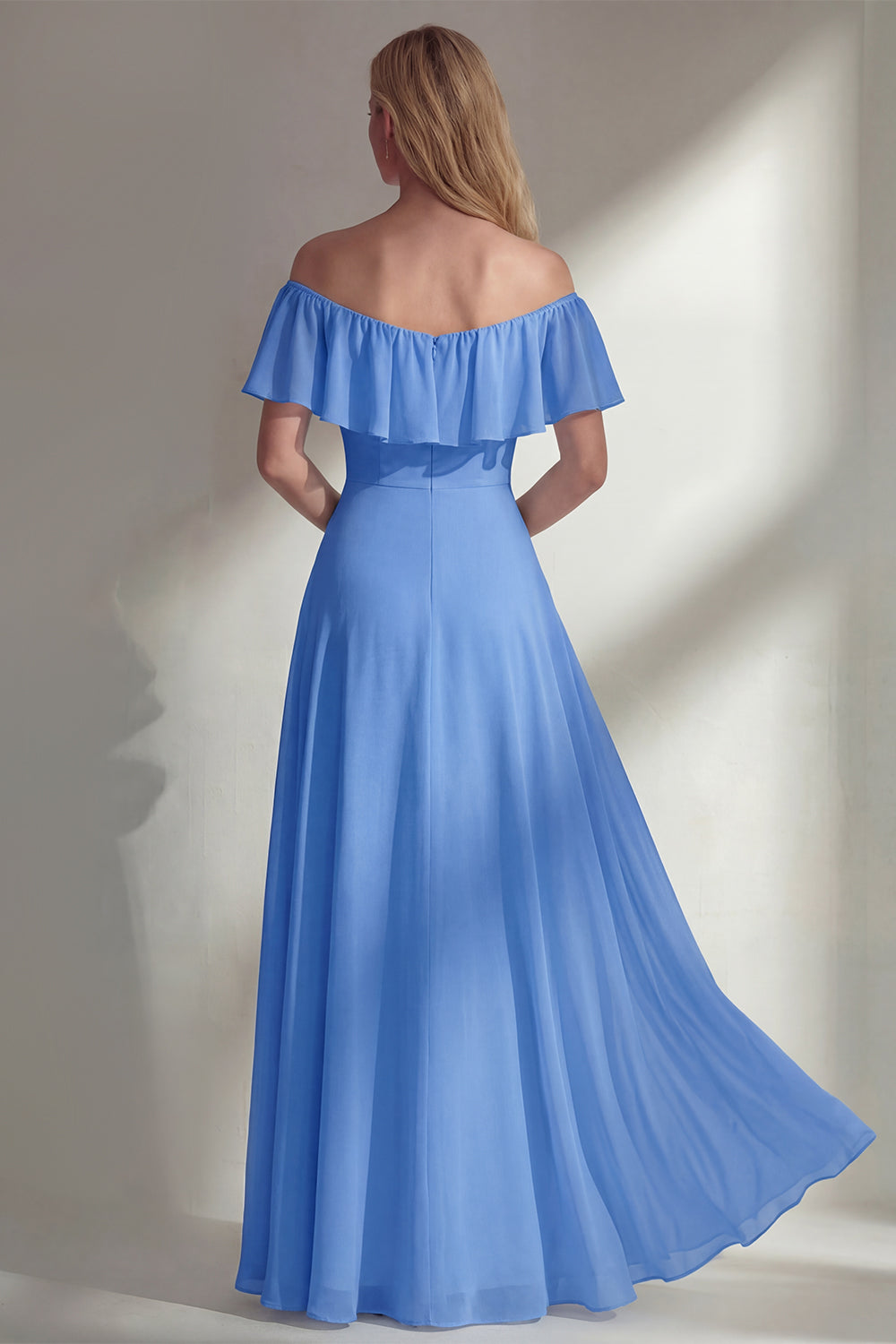 Off the Shoulder A Line Ruffled Sage Green Long Beach Bridesmaid Dress with Slit