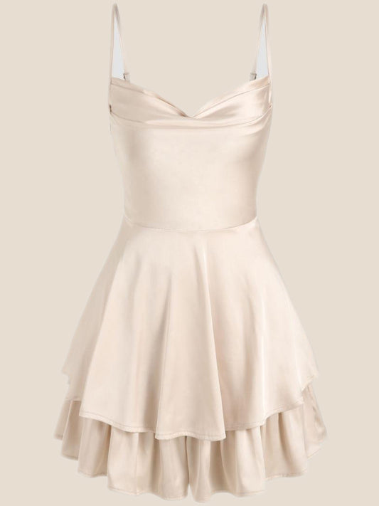 Cowl Neck Light Champagne Ruffles Short Princess Dress