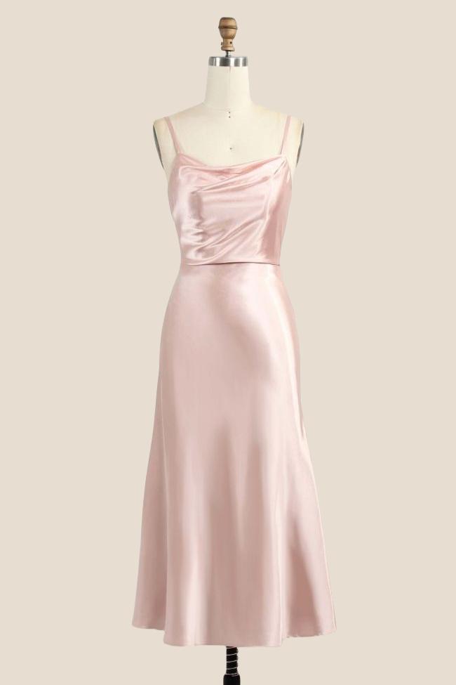 Cowl Neck Light Pink Back Tie Long Dress