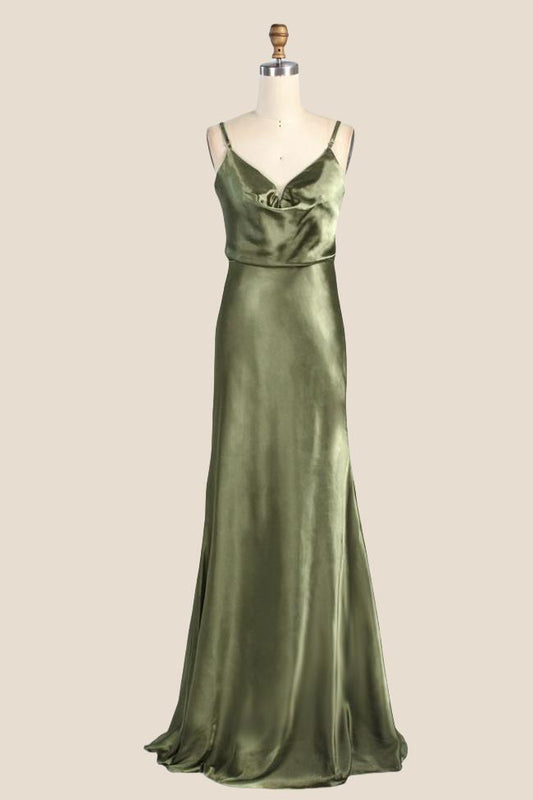 Cowl Neck Moss Green Open Back Long Dress