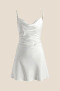 Cowl Neck White Back Tie A-line Short Dress