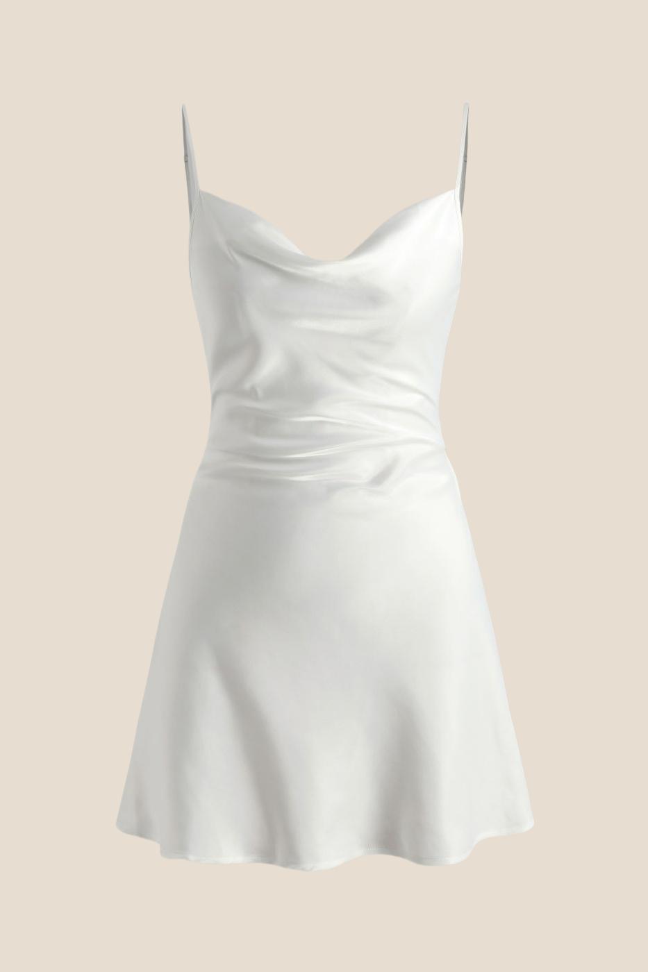 Cowl Neck White Back Tie A-line Short Dress