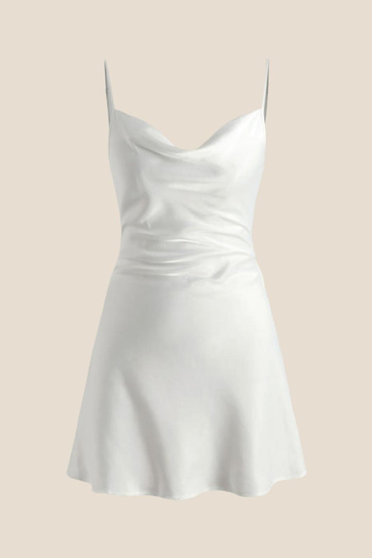 Cowl Neck White Back Tie A-line Short Dress