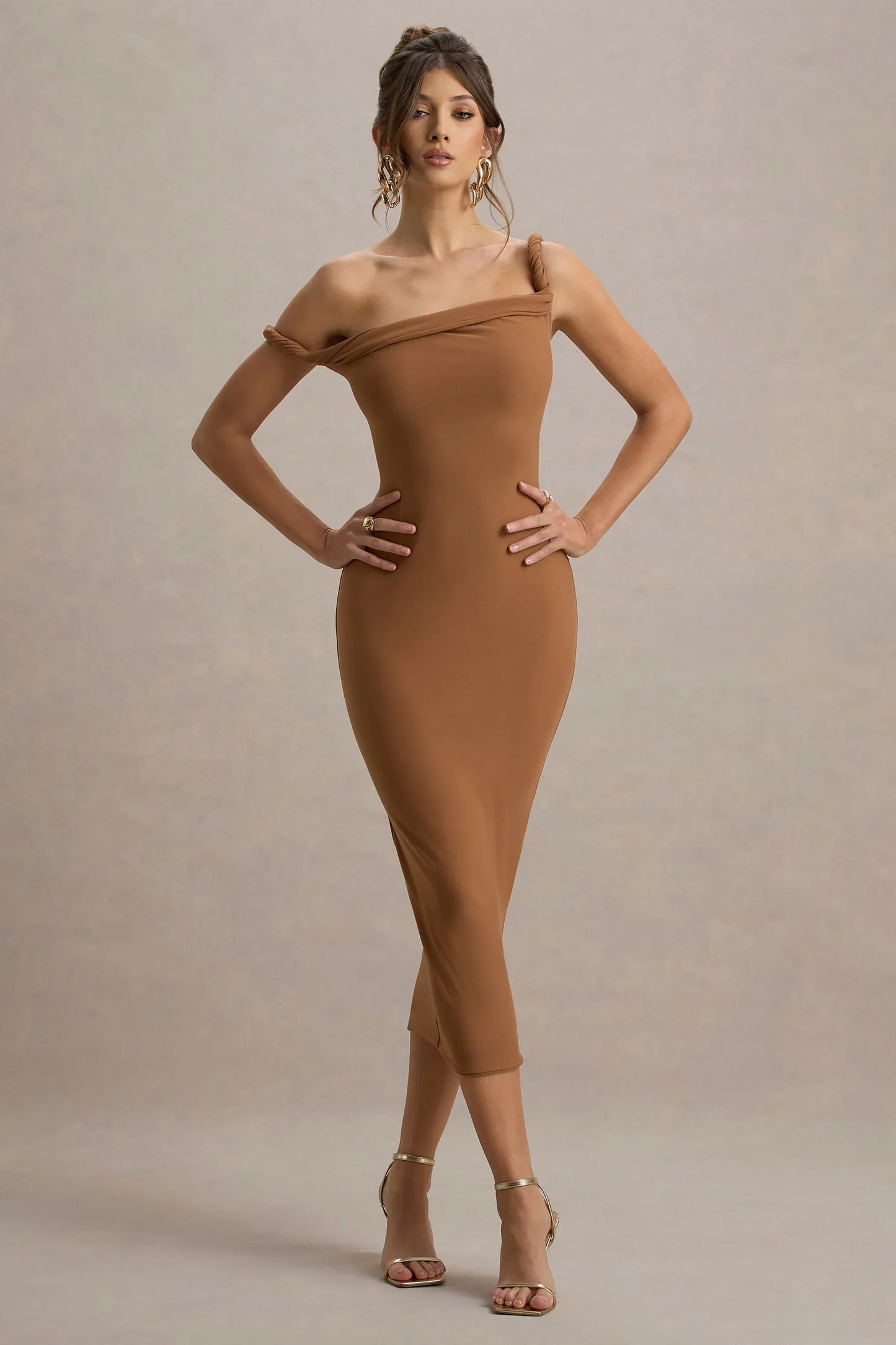 Salome | Brown Twisted Asymmetric Midi Dress