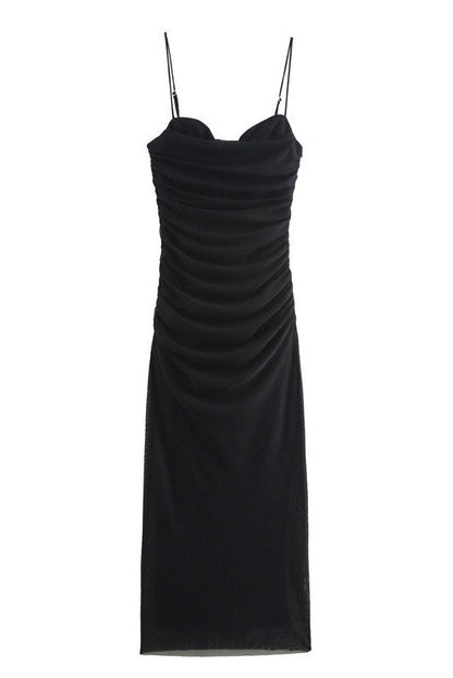 Orange Straps Print Draped Fitted Dress