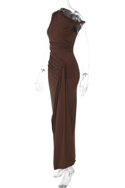 Asymmetric Neck Brown Fitted Dress