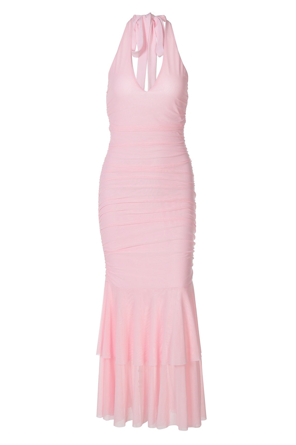 Halter Plunge Pink Fitted Ruffle Dress