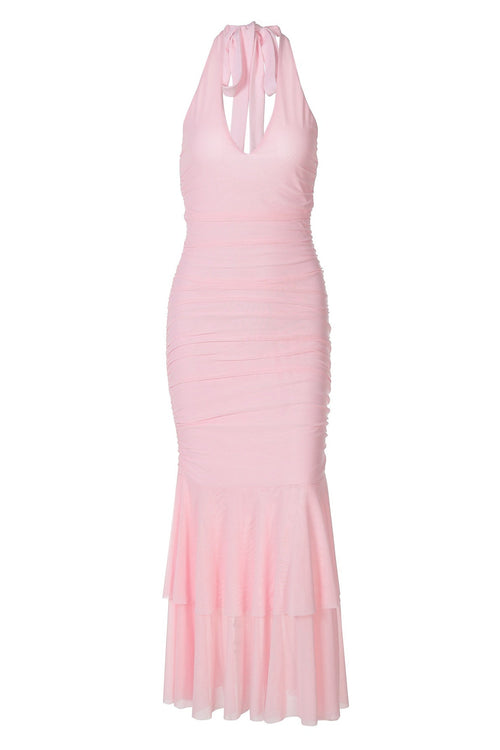 Halter Plunge Pink Fitted Ruffle Dress