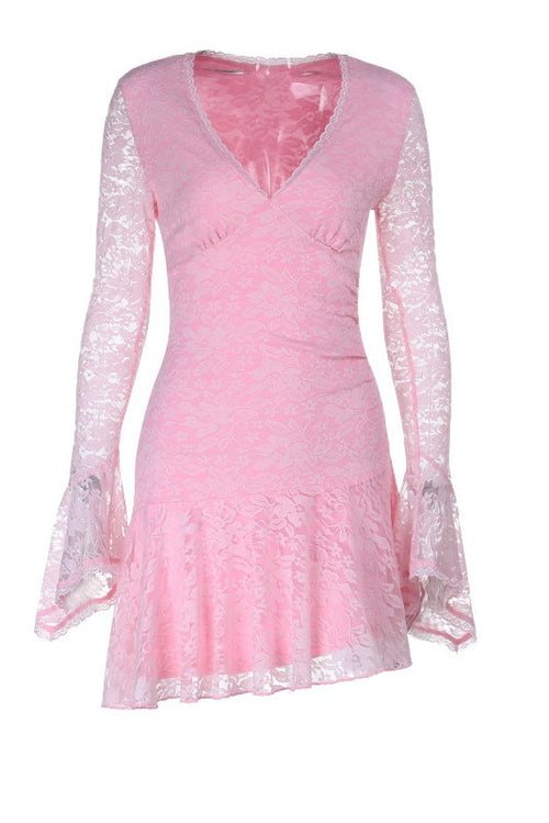 Long Sleeves Pink Lace Short Dress