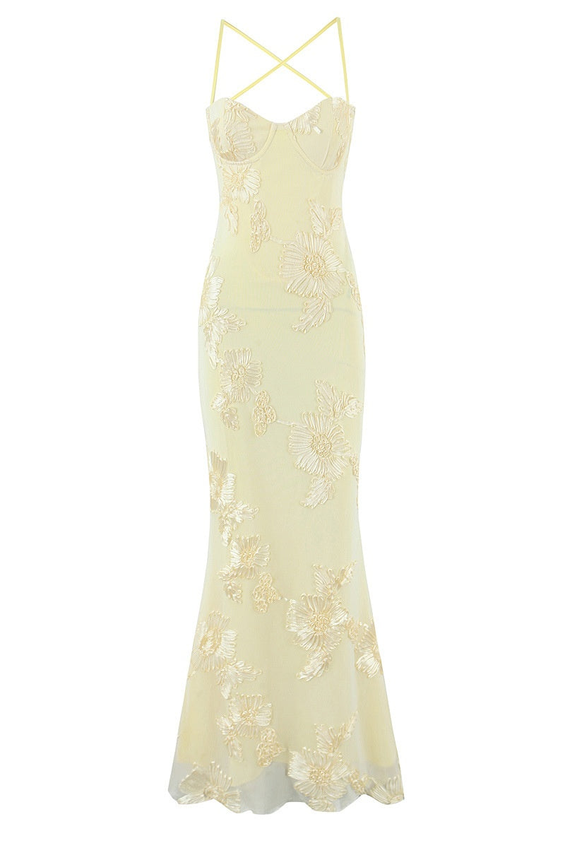Blue Embroidered Fitted Straps Dress