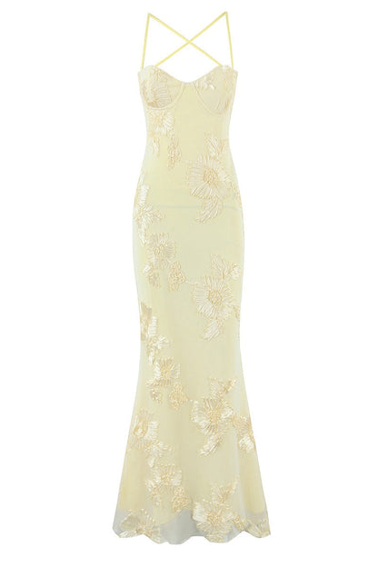 Blue Embroidered Fitted Straps Dress
