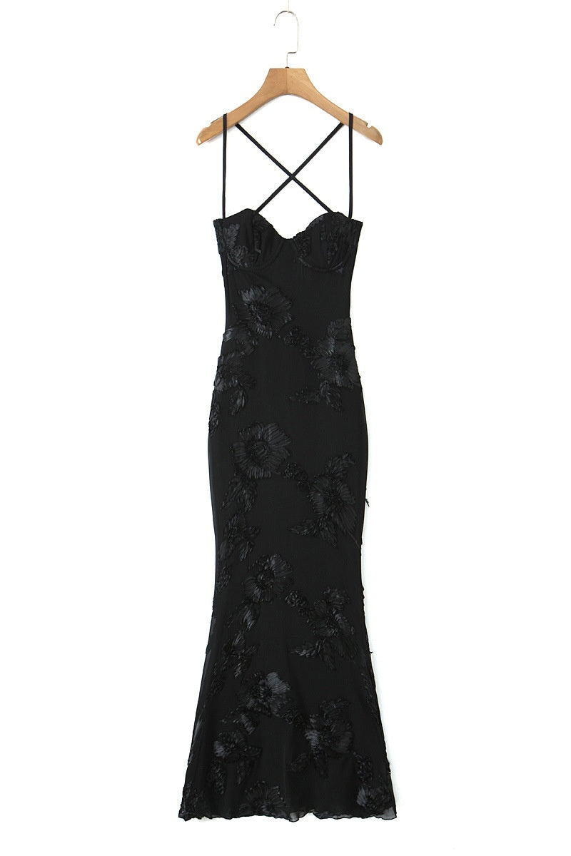 Blue Embroidered Fitted Straps Dress