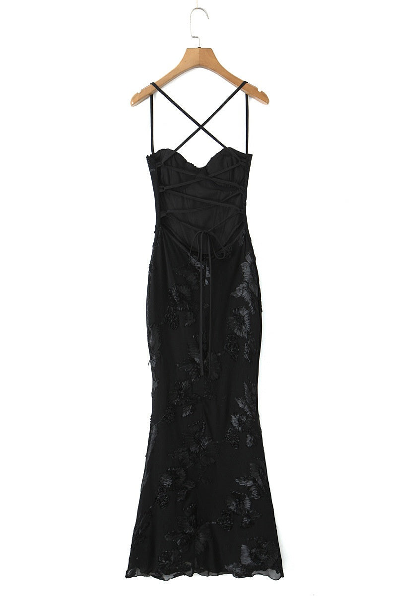 Blue Embroidered Fitted Straps Dress