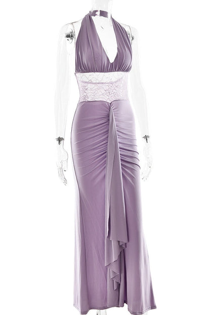 Black Halter Sheer Draped Long Dress