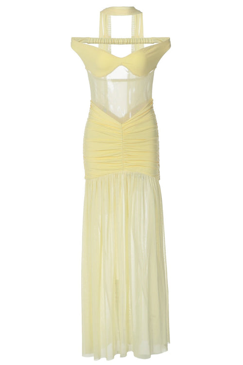 Off the Shoulder Yellow Sheer Mesh Long Dress