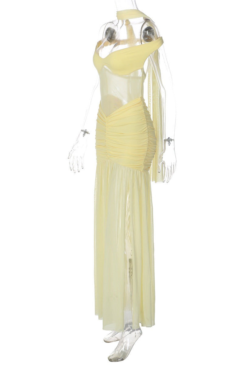 Off the Shoulder Yellow Sheer Mesh Long Dress