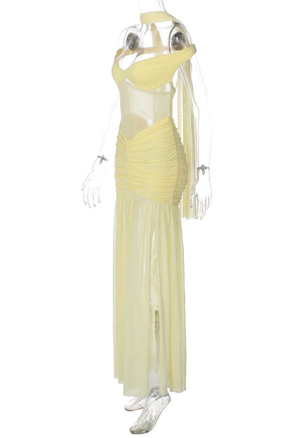 Off the Shoulder Yellow Sheer Mesh Long Dress