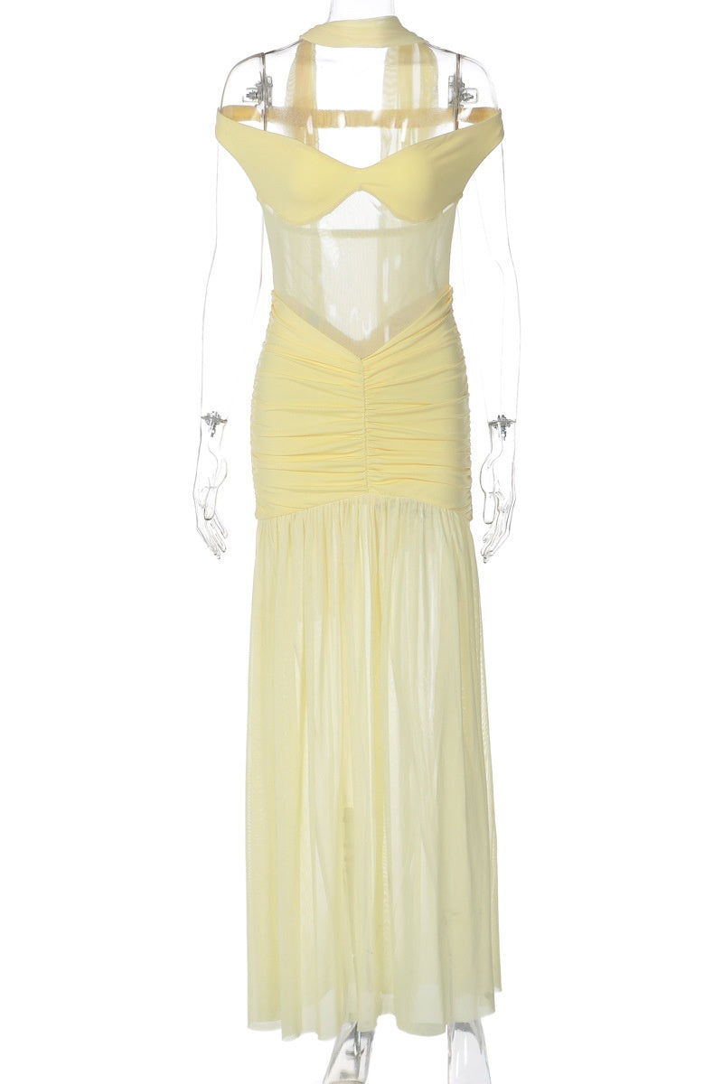 Off the Shoulder Yellow Sheer Mesh Long Dress