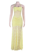 Halter Yellow Lace Sheer Fitted Long Dress