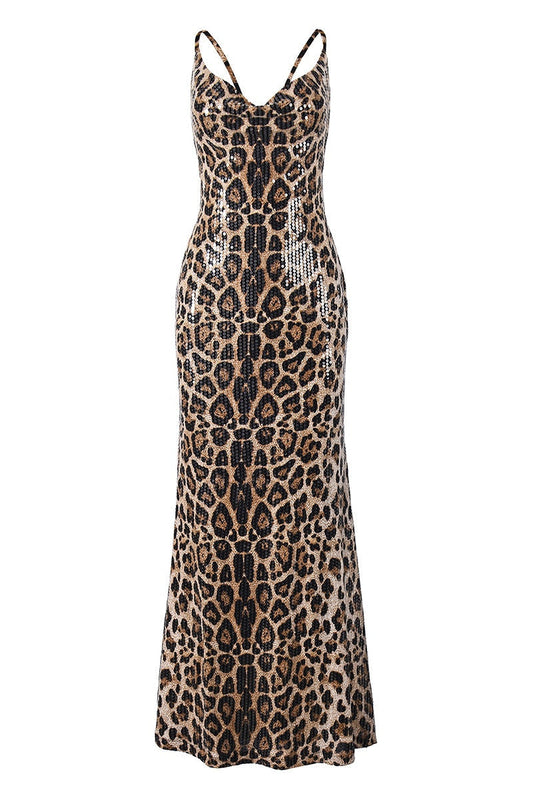 Leopard Sequin Cowl Neck Fitted Long Dress