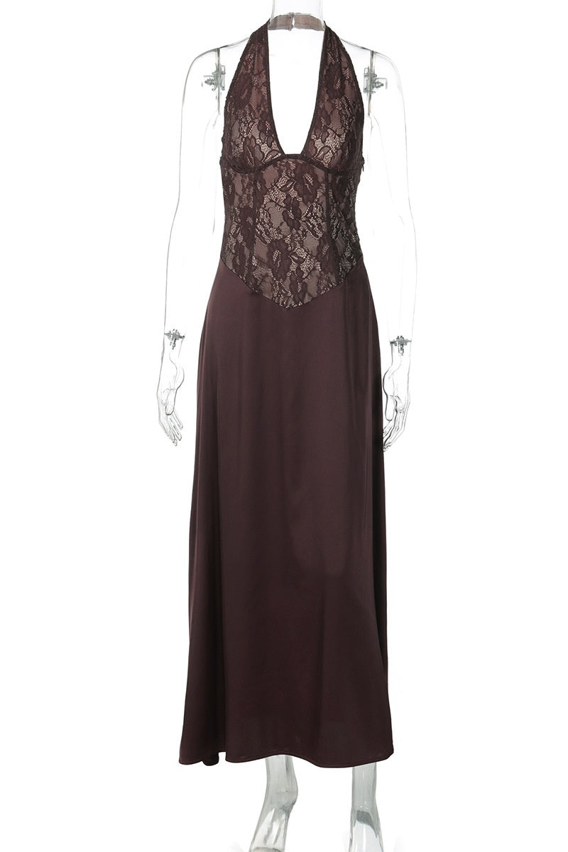 Halter Brown Lace Column Long Dress