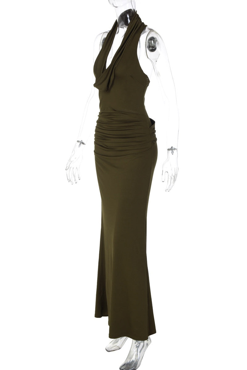 Olive Green Cowl Neck Fitted Long Dress
