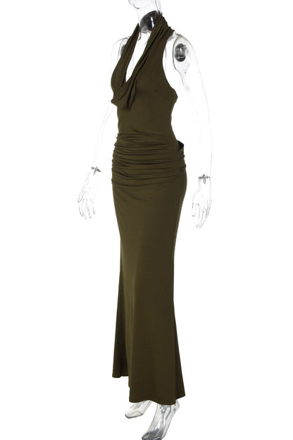 Olive Green Cowl Neck Fitted Long Dress