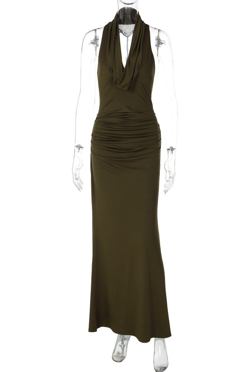 Olive Green Cowl Neck Fitted Long Dress
