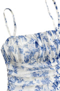 Blue Floral Ruched Strap Dress