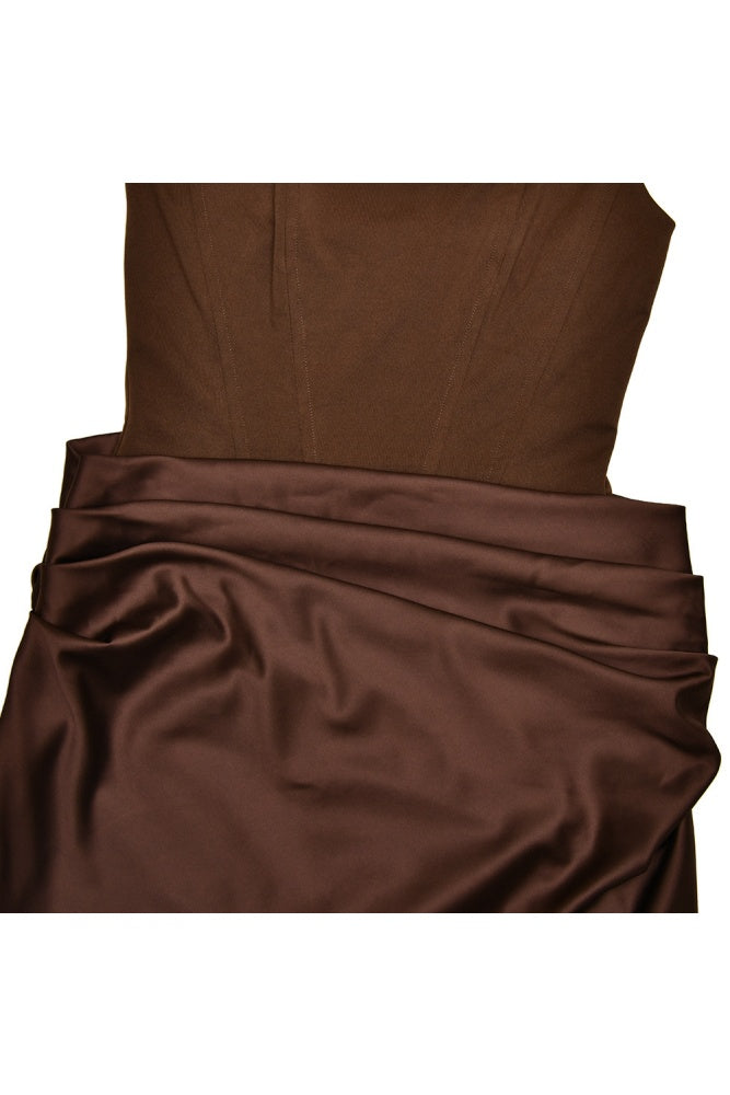 Brown Square Fitted Draped Long Dress